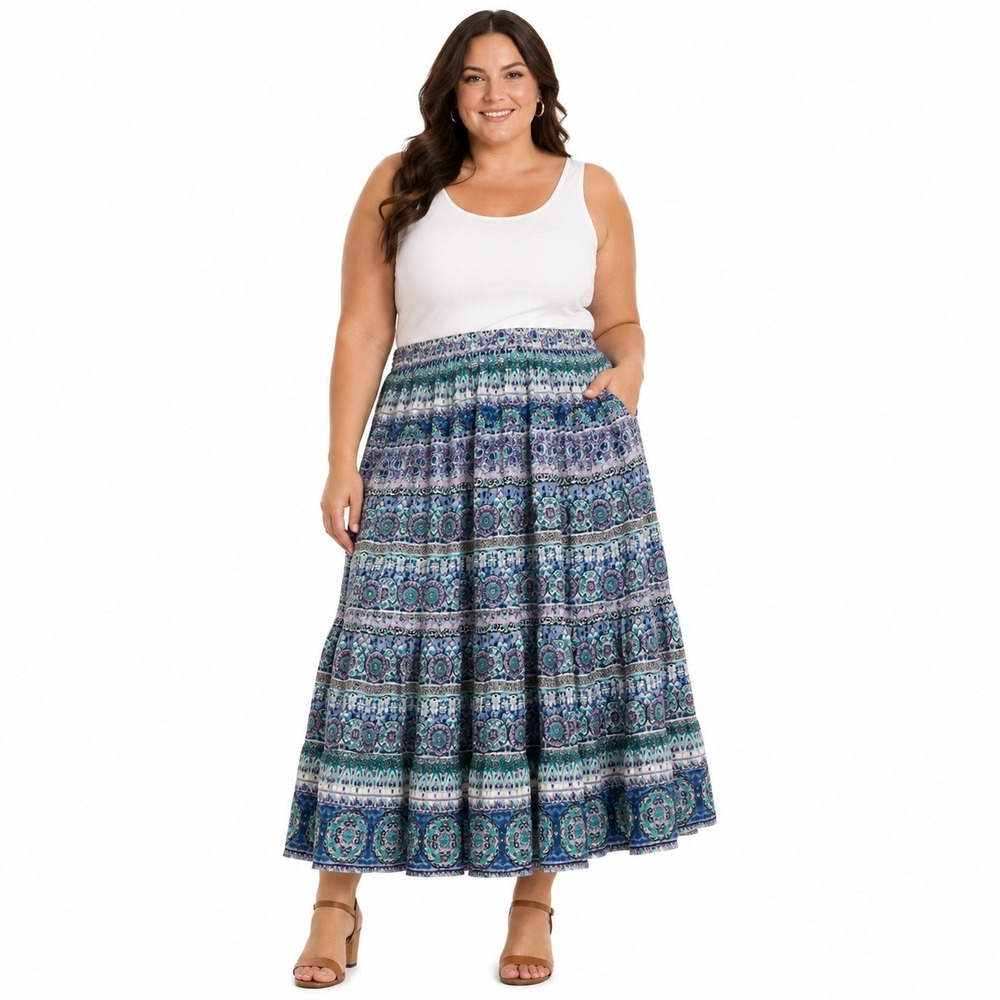Vintage Phool Tiered Maxi Skirt Women 1X Blue Purple Cotton Boho Medallion Print